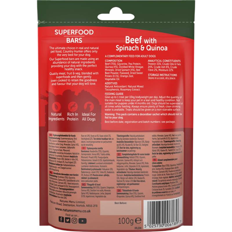 Natures Menu Country Hunter Superfood Bars Beef with Spinach & Quinoa